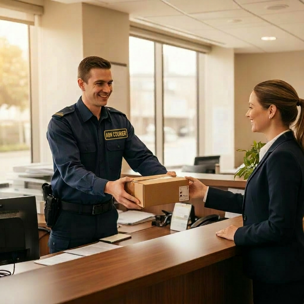 Courier handing a package directly to a business client