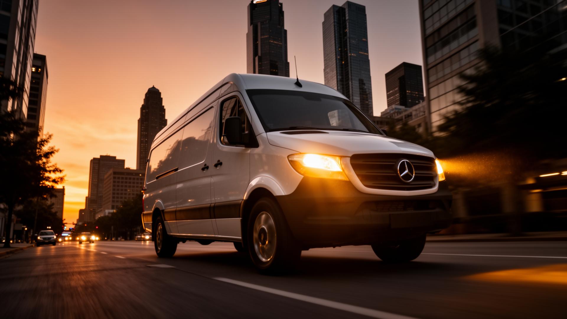Courier van moving through downtown Atlanta at dusk